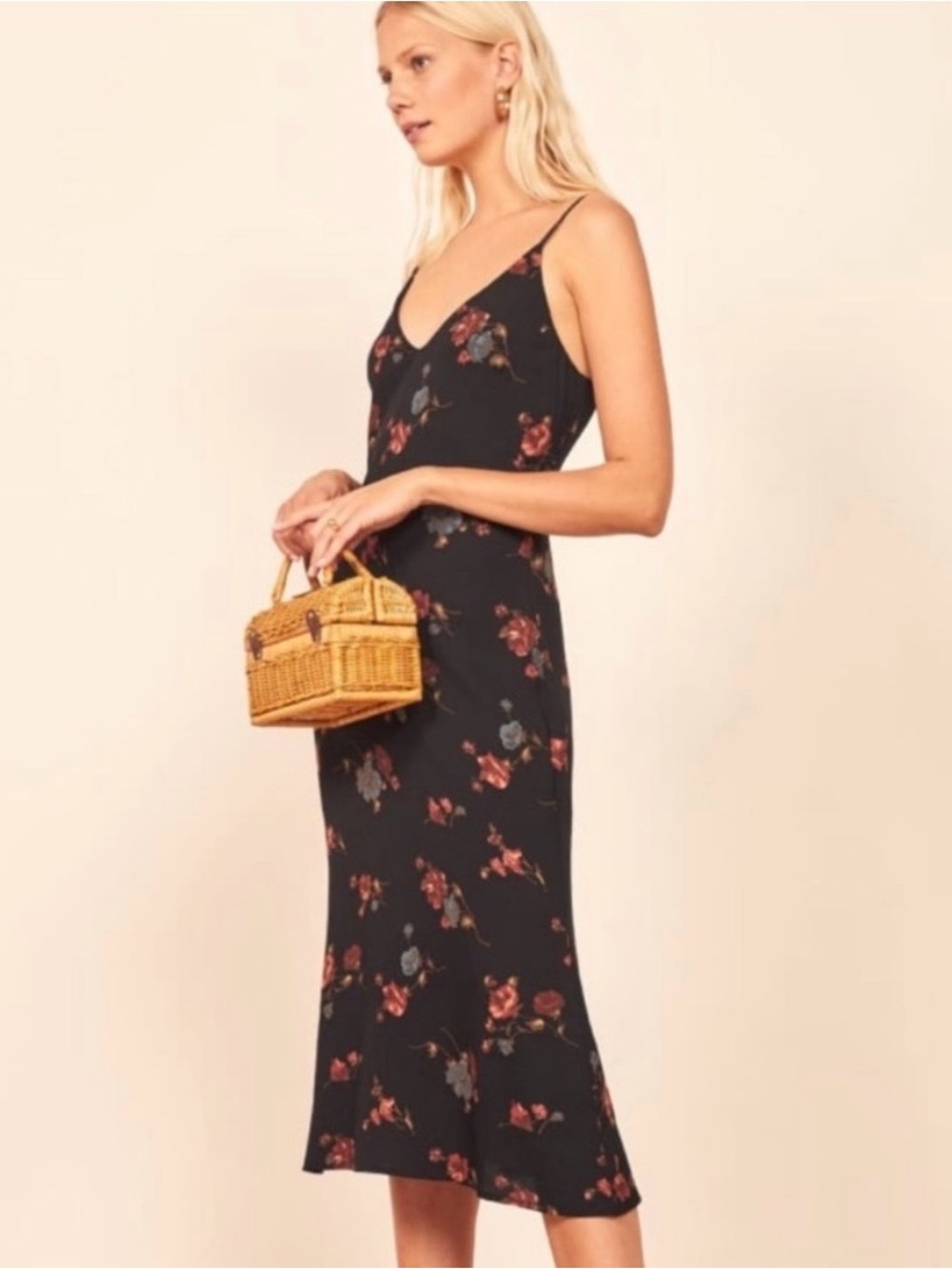 Reformation Black Floral Slip Midi Dress with Rose & Slate Accents